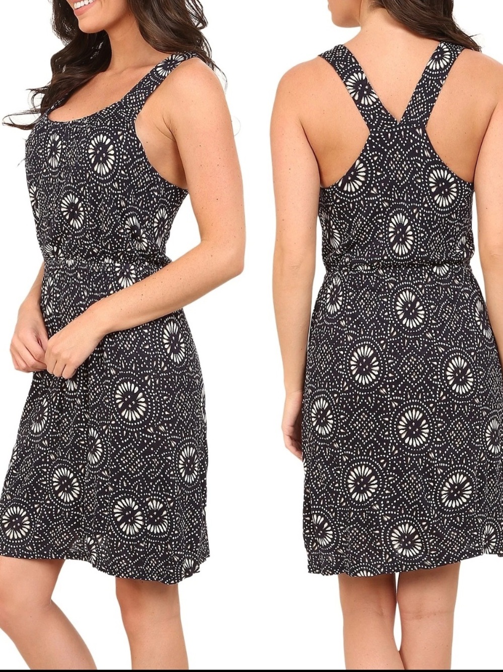 Lucky Brand Navy Batik Print Stretch Knit Criss/Cross Back Halter Dress. XL